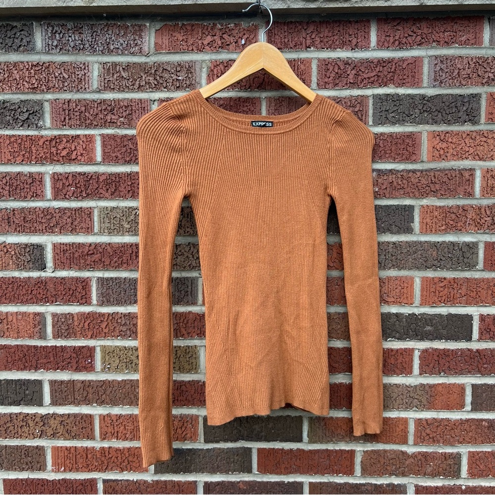 Express Tan Ribbed Fitted Long Sleeve Sweater
